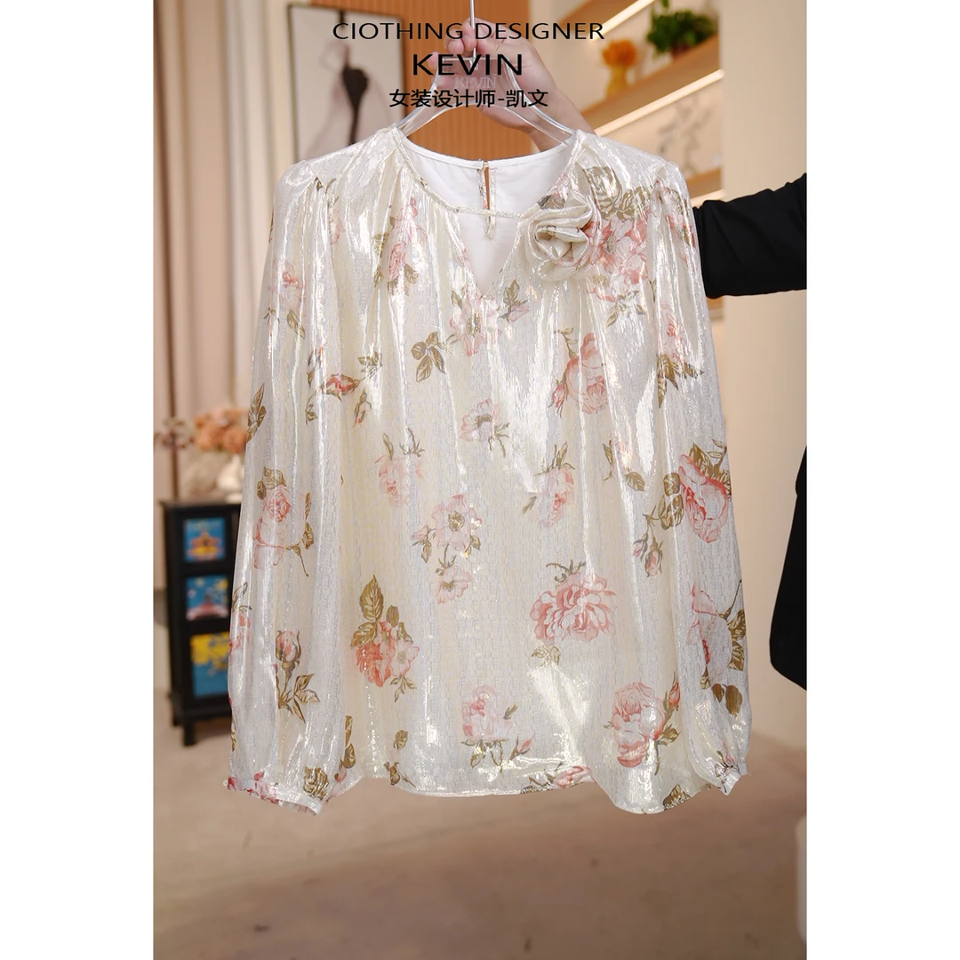 【DuShang】2025新款法式立体花朵时尚洋气名媛桑蚕丝印花衬衫BZ298