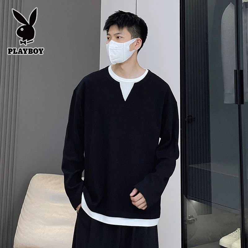 花花公子美式重磅肌理华夫格假两件V领男T恤春秋新款宽松硬汉上衣