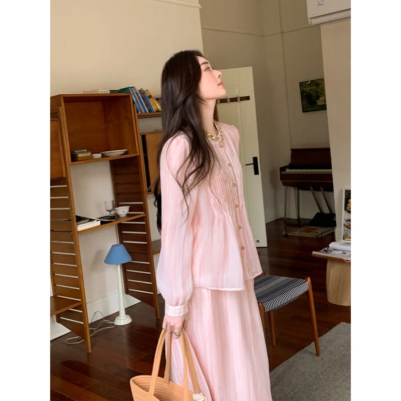 甜美减龄时尚套装女气质褶皱粉色衬衫女2025夏季新款高腰显瘦长裙