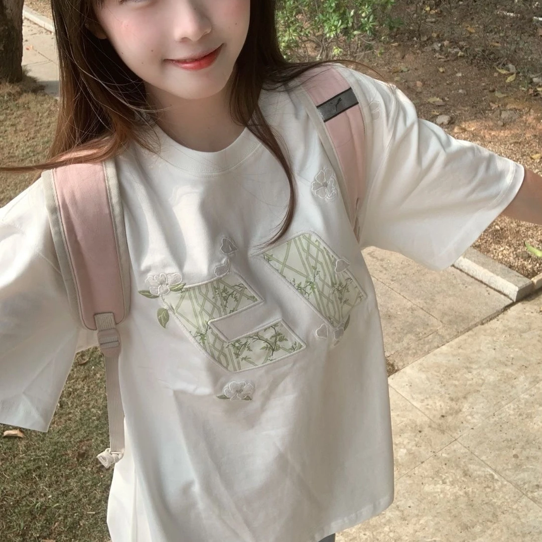 国潮牌美式复古重工刺绣短袖t恤女夏季2025新款宽松百搭上衣