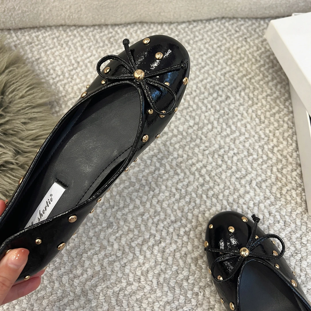 圆头瓢鞋铆钉舒适浅口秋季修面单鞋蝴蝶结增高平底鞋软底软面舒适