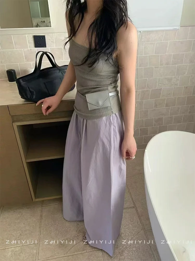 韩国夏慵懒风薄拖地多巴胺阔腿裤 抽绳欧若风松紧腰显瘦长裤子