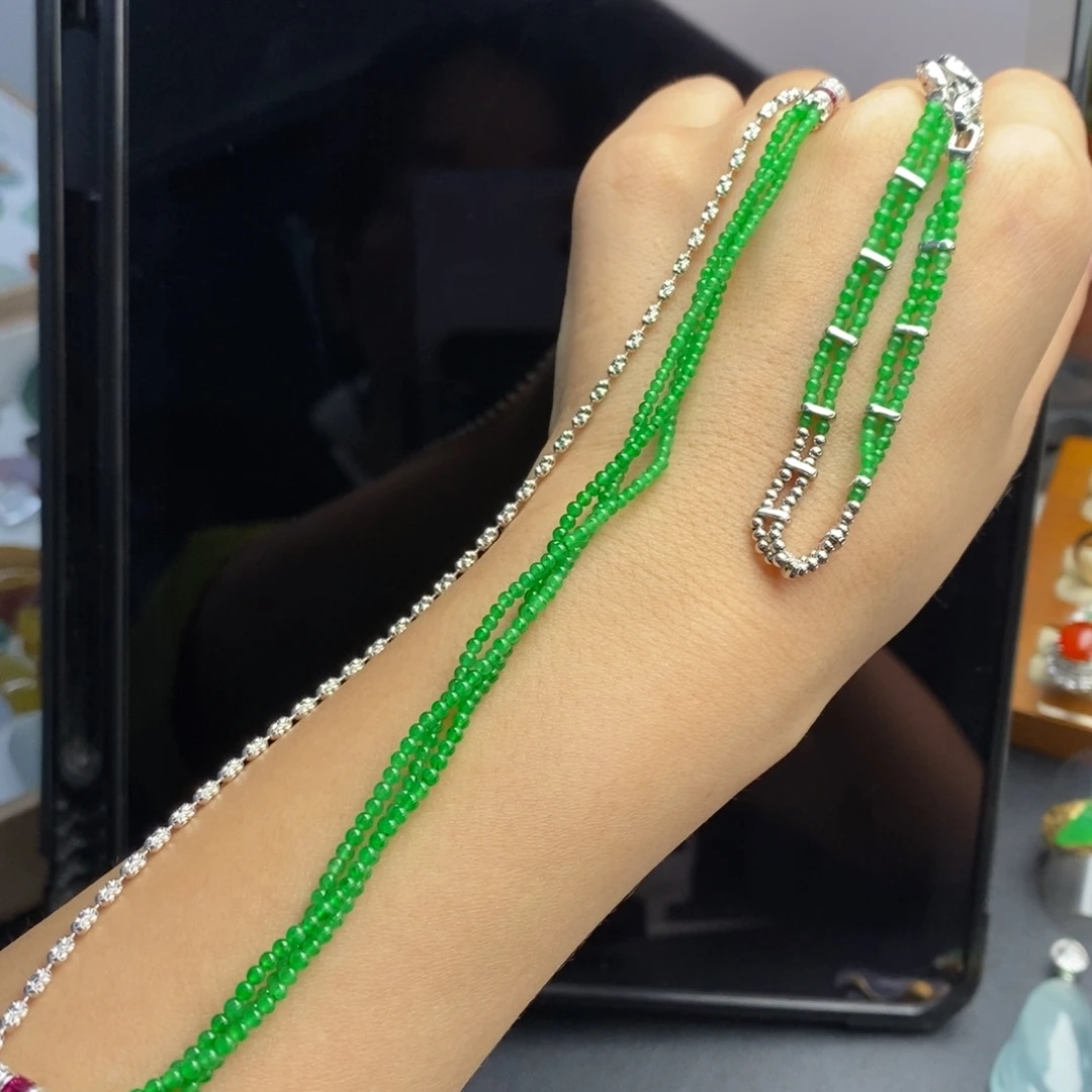 定制翡翠18K金镶嵌冰阳绿米珠套装 超推荐