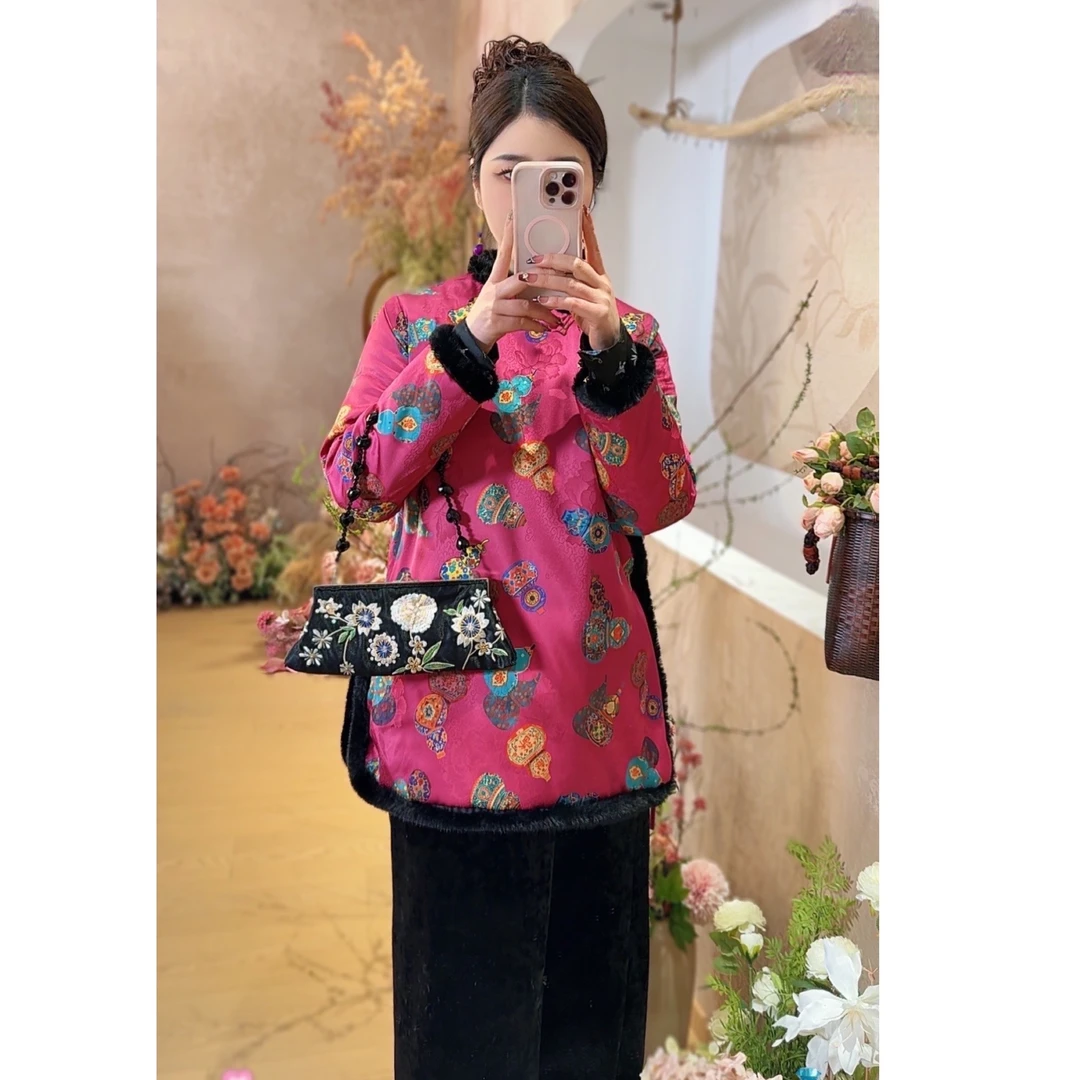 【福蓉】冬季加绒加厚上衣新中式圆领提花国风保暖毛领长袖衬衫女款