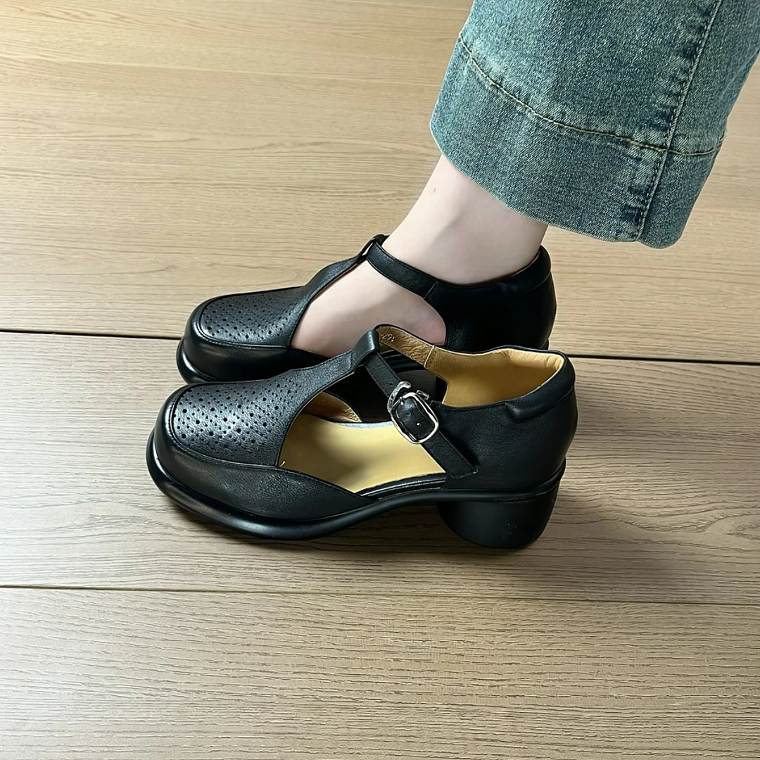 2025年夏季新款5cm粗跟厚底丁字扣带凉鞋女镂空透气包头凉鞋女