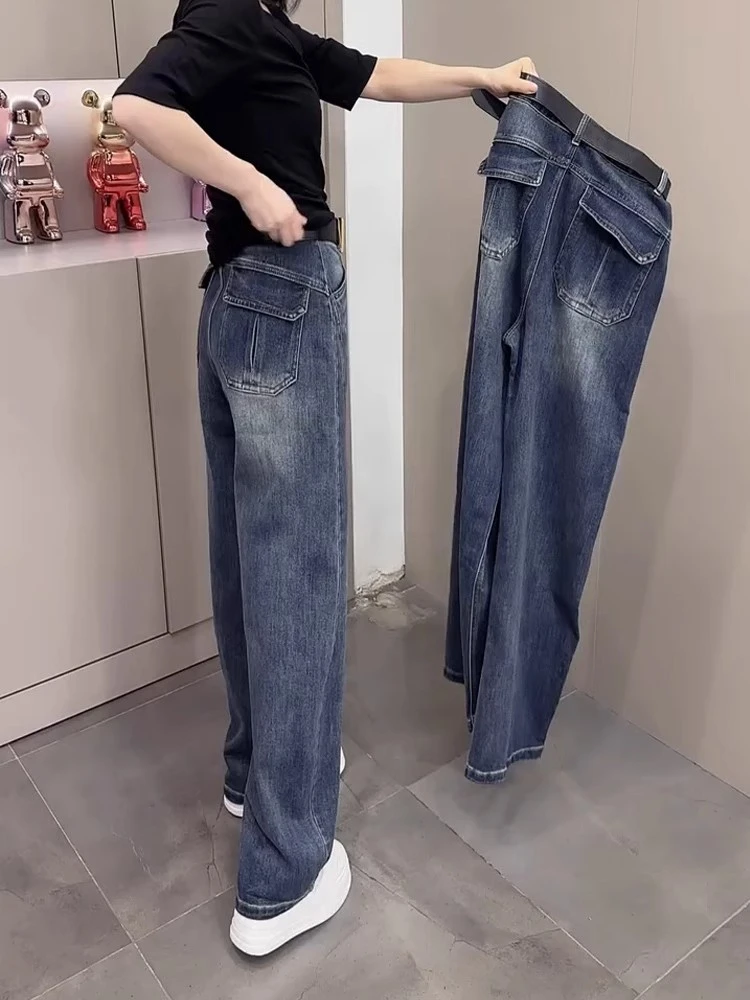弯刀大码水洗牛仔裤2025秋百搭新款深蓝色宽松香蕉高腰裤垂感拖地
