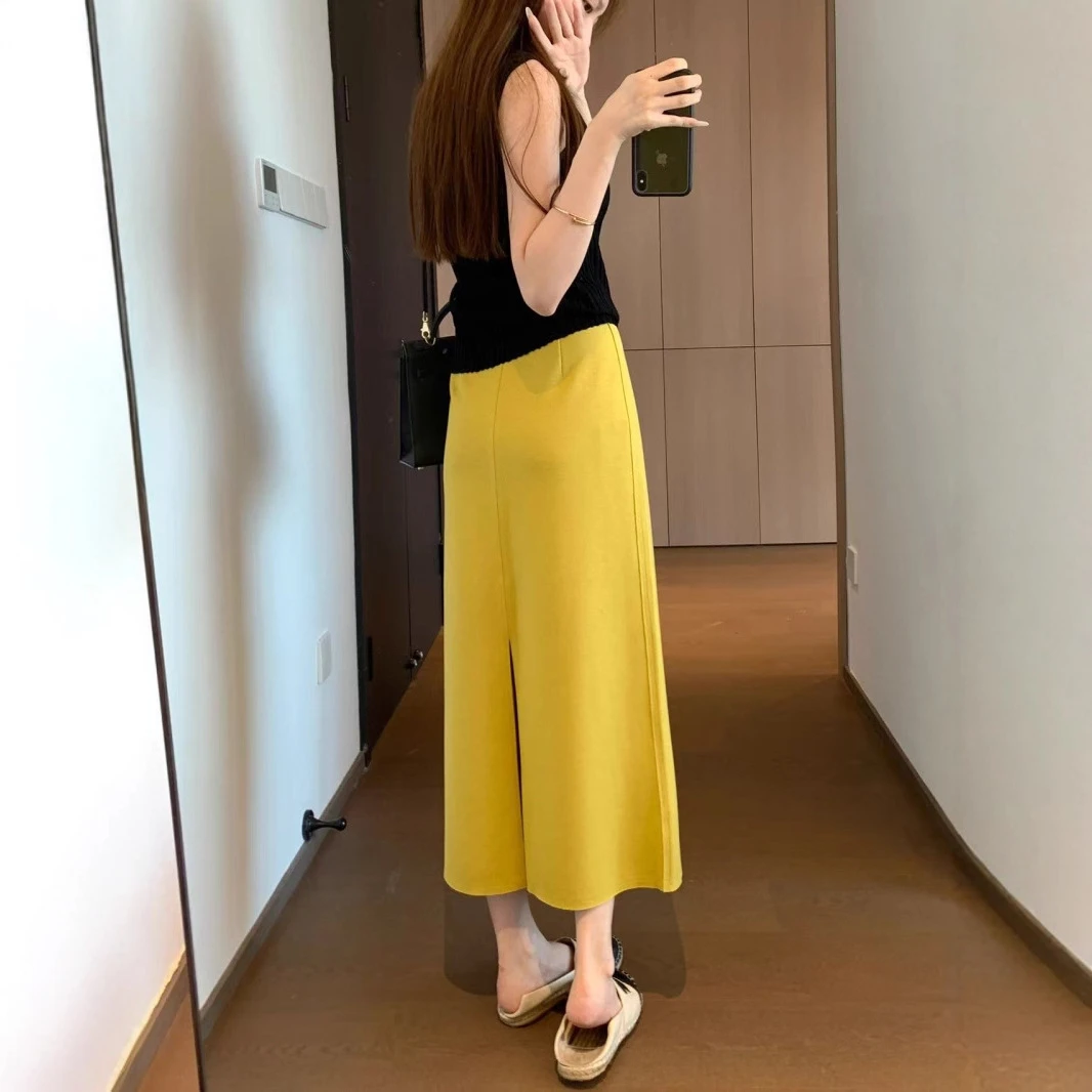 时尚佰搭 天丝混纺垂坠有型直筒版松紧腰开衩中长半身裙G082317