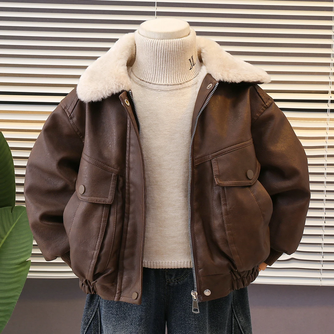 男童秋冬外套加绒加厚2025新款皮衣冬季儿童夹棉夹克宝宝冬装衣服