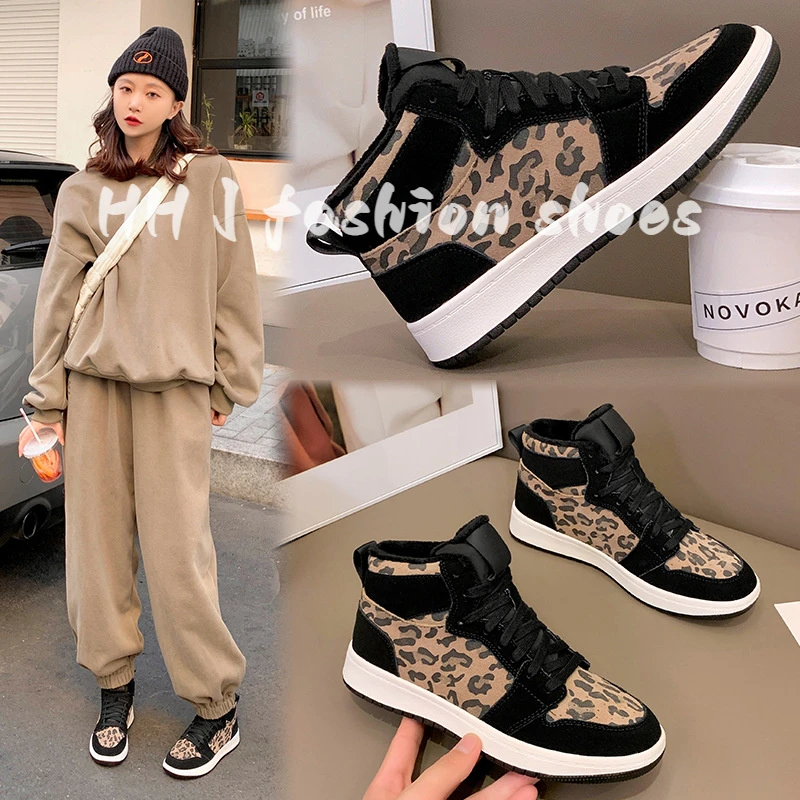 真皮韩版高帮休闲板鞋女2025秋冬新款豹纹时尚百搭加绒运动鞋潮流