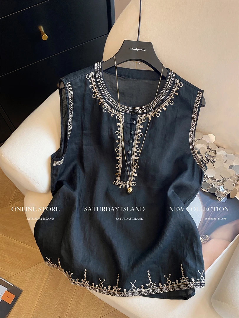 度假风法式重工刺绣圆领无袖背心女2025夏季新款气质百搭宽松上衣