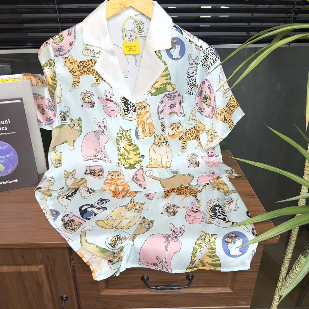 【日月禾】重磅花色小猫100%桑蚕丝短袖短裤T2181