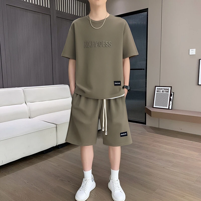 薄款透气两件套男士夏季套装青少年短袖t恤休闲运动服五分短裤子