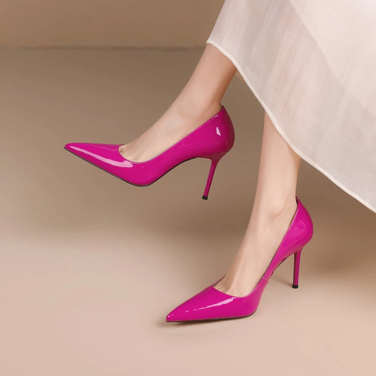 2025新款轻奢鞋子尖头细跟高跟鞋红色漆皮春秋职业女鞋百搭工作鞋