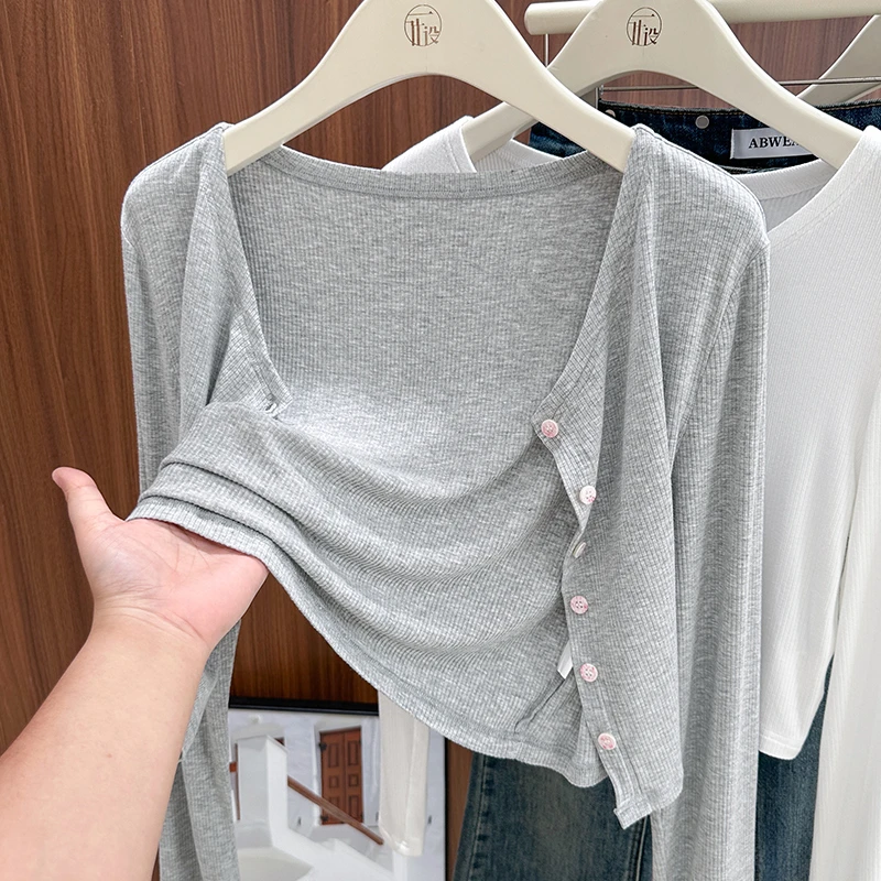 灰色小圆领气质薄款开衫女秋季新款配裙子长袖披肩修身针织短外套