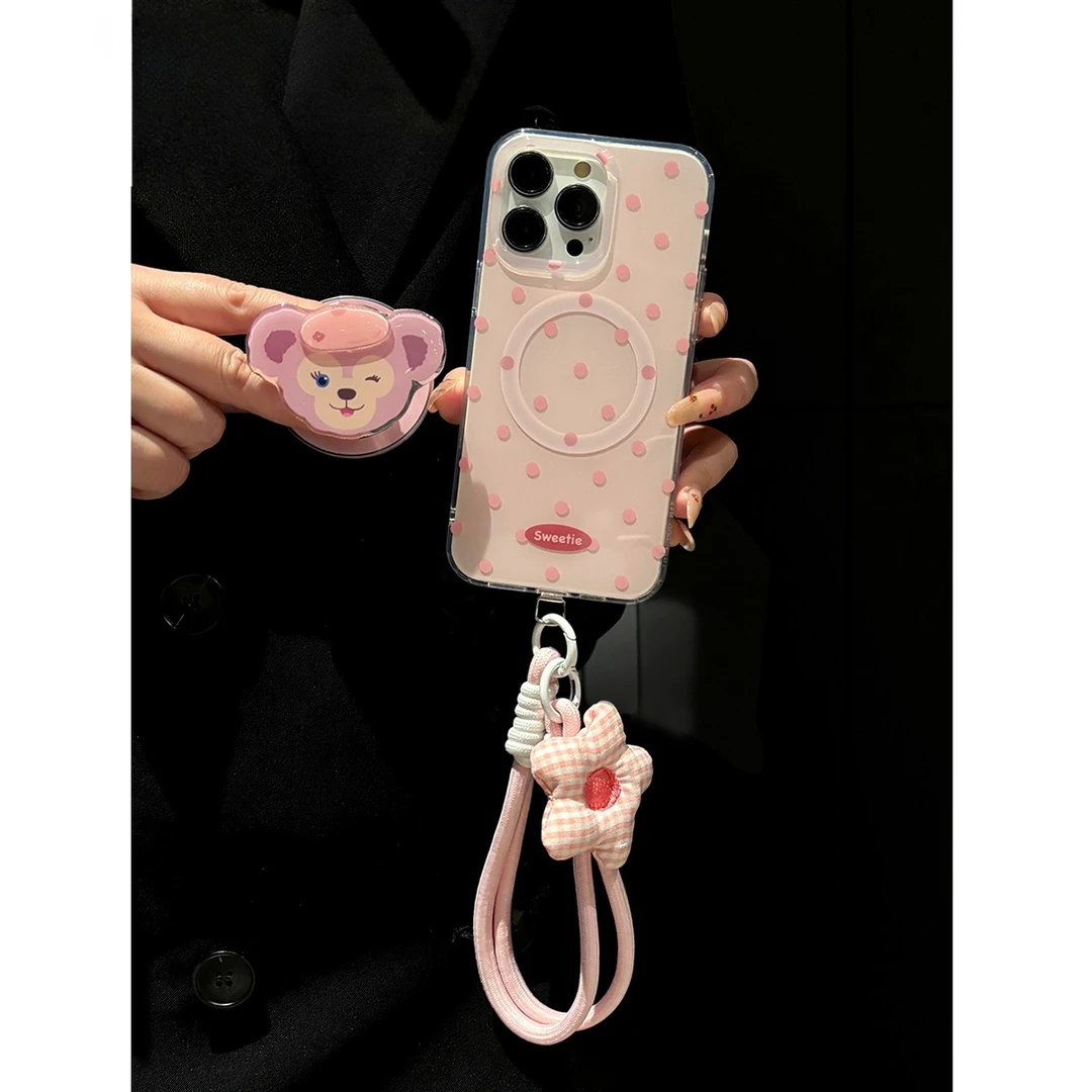 日韩波点粉适用iPhone16promax手机壳15雪莉玫磁吸支架适用13pro