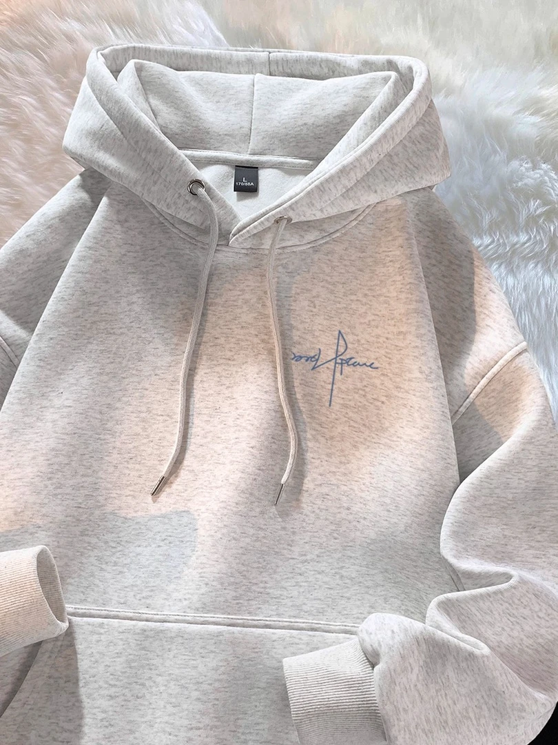 连帽卫衣男装秋冬季加绒加厚百搭潮牌字母印花美式学生上衣服外套