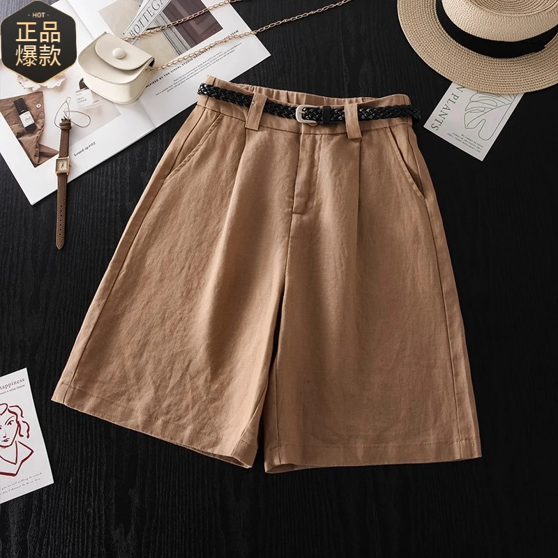 高端卡其色亚麻阔腿短裤女夏薄款今年流行爆款五分中裤超好看热裤