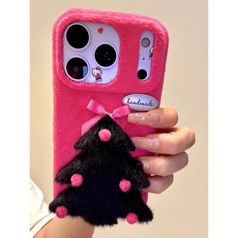 甜酷少女风毛绒黑色圣诞树适用于iphone17promax苹果16p手机壳15p