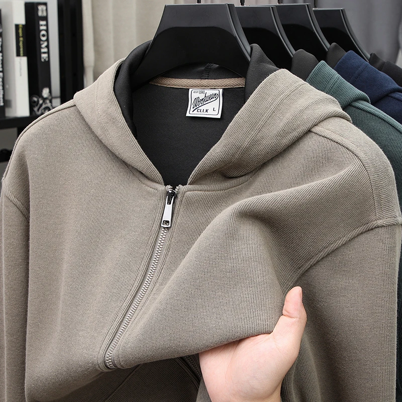 2025秋季新品男士卫衣休闲百搭纯色连帽拉链开衫外套男女同款潮