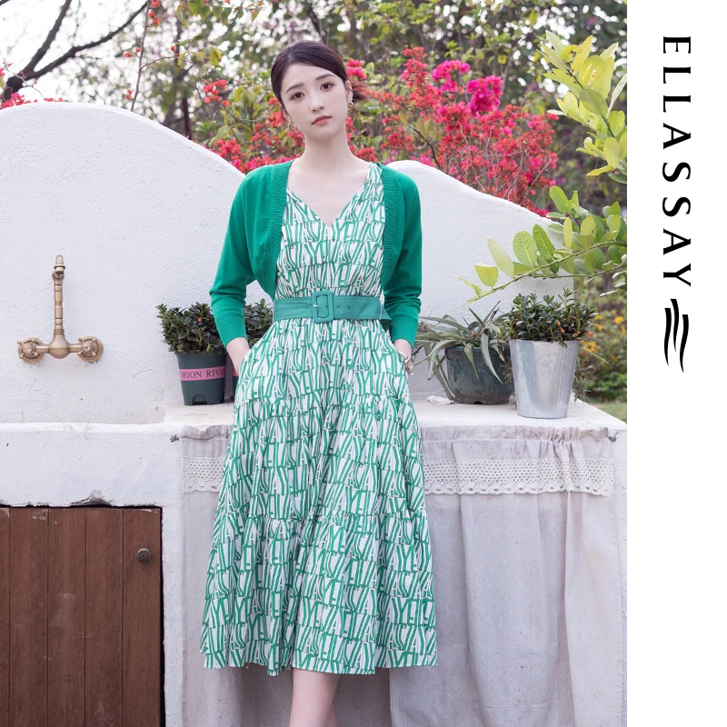 ELLASSAY歌力思夏季休闲LOGO印花真两件套装连衣裙女EWE342Y02900