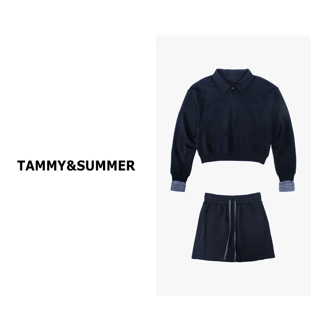 【Tammy&Summer】时尚百搭拼接衬衣袖口翻领上衣短款半裙套装9013