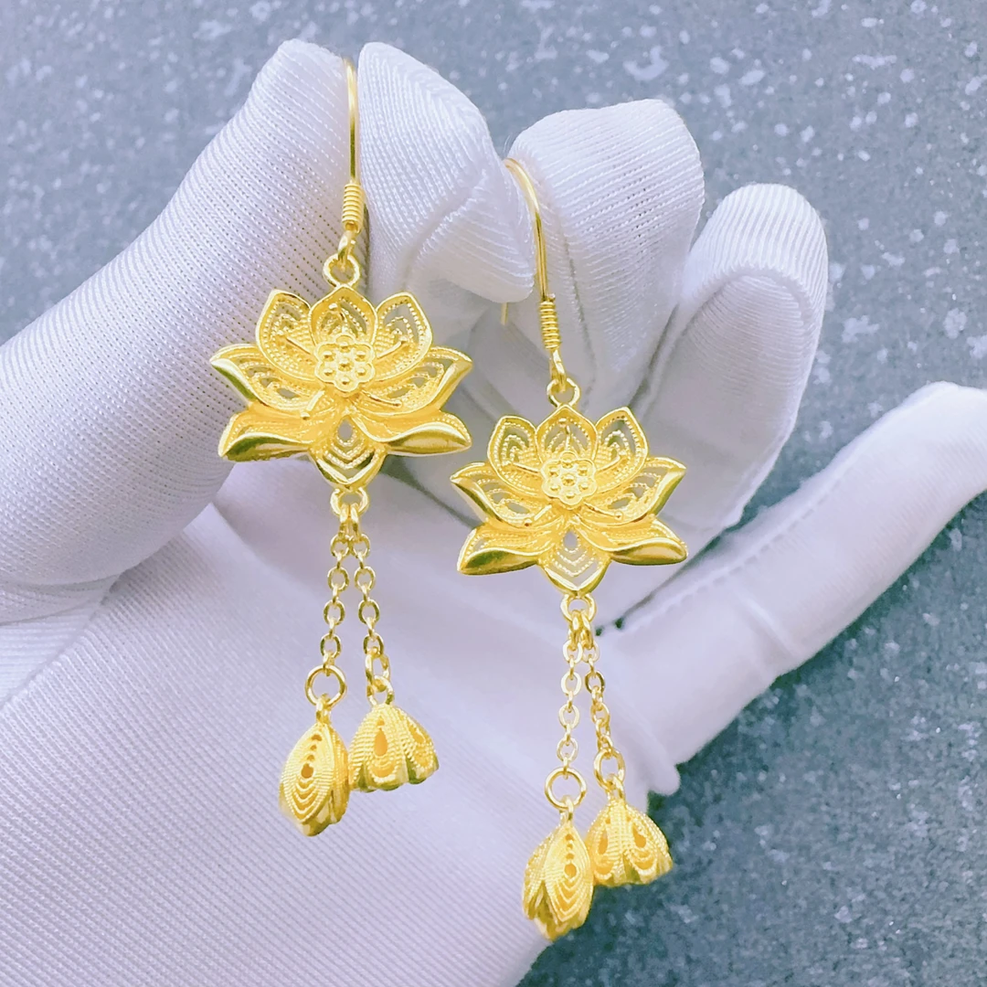 （好事连连）莲花莲蓬两世欢流苏足金耳环【不支持7天无理由退换货】