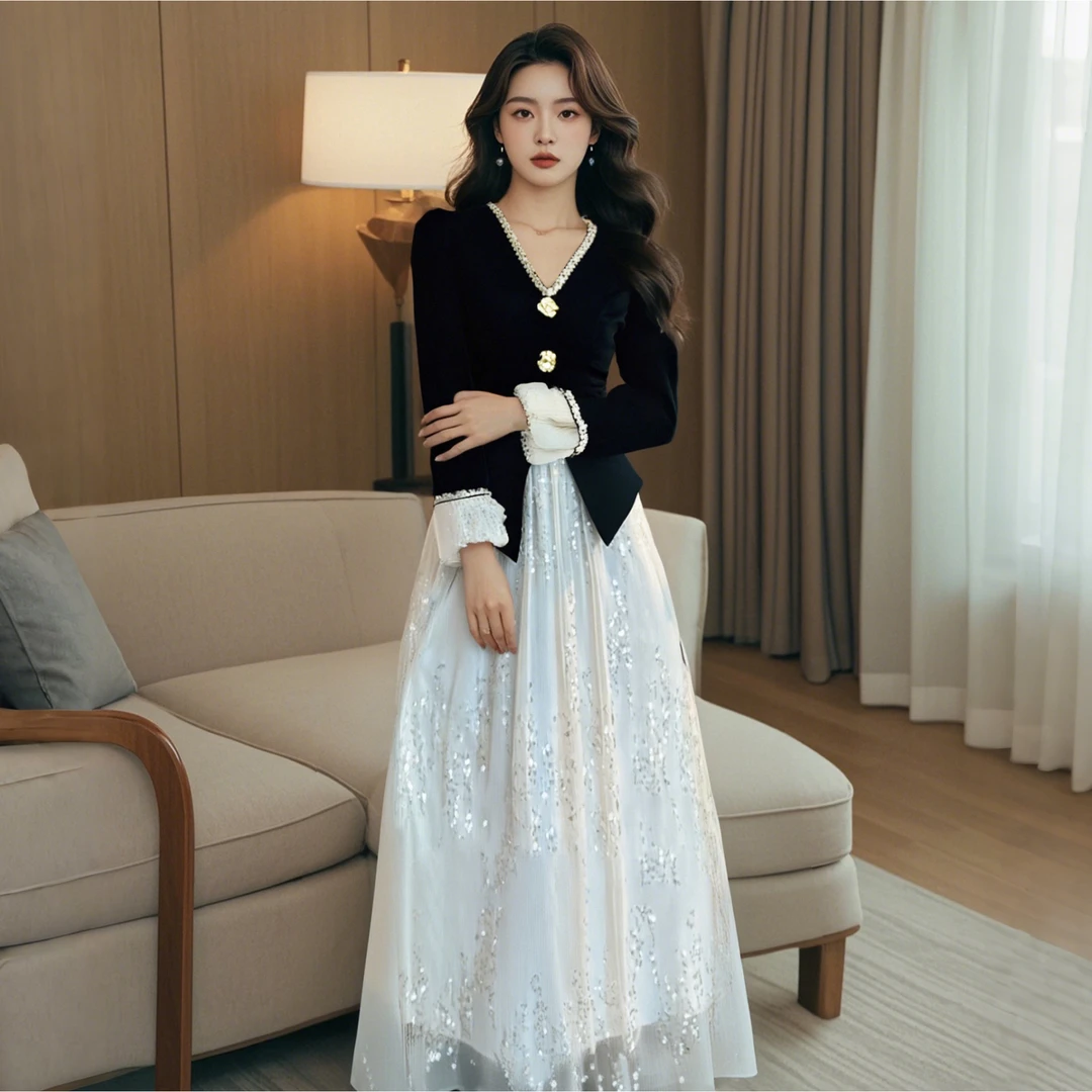 A【有里布】2025新款大裙摆拼接时尚收腰高档气质时尚连衣裙D0310