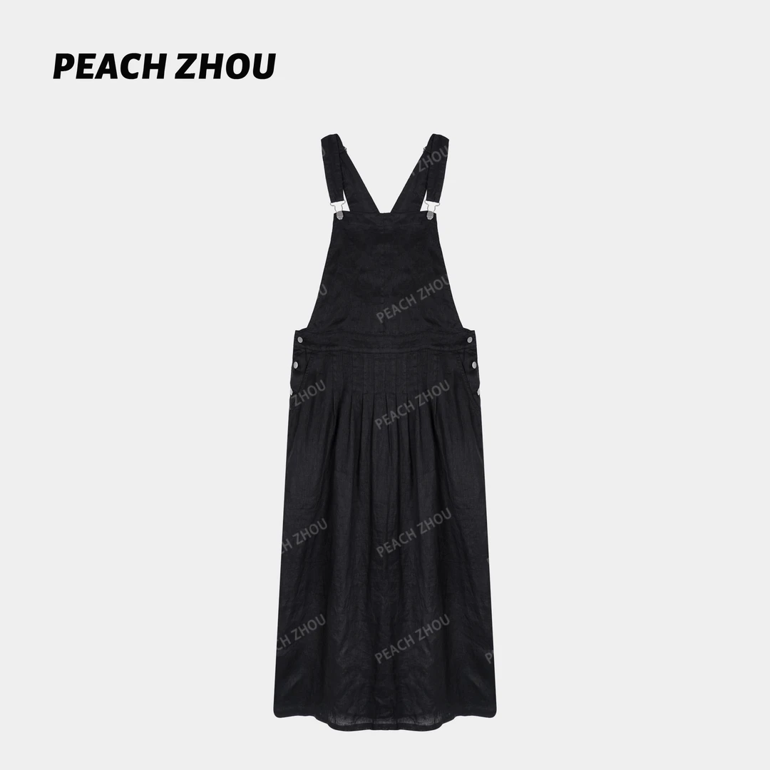 『PEACHZHOU』100亚麻压褶宽松背带裙简约休闲纯色中长款连衣裙女