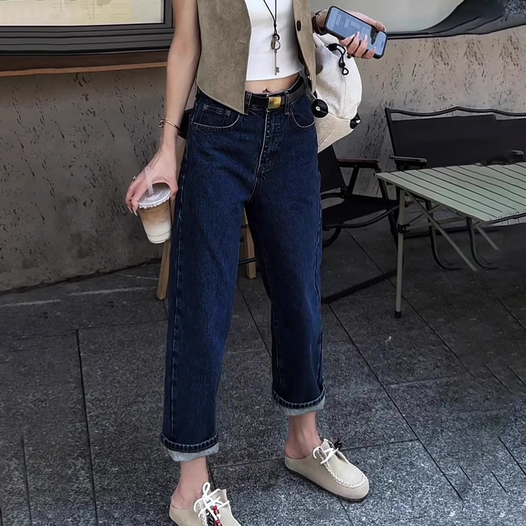 大码复古九分直筒牛仔裤女2025新款早秋高腰显瘦宽松窄版阔腿裤子