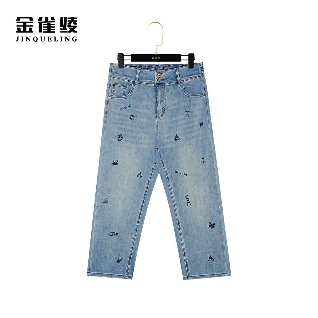 金雀绫【小帆船】夏季新款休闲时尚刺绣九分牛仔裤K0311