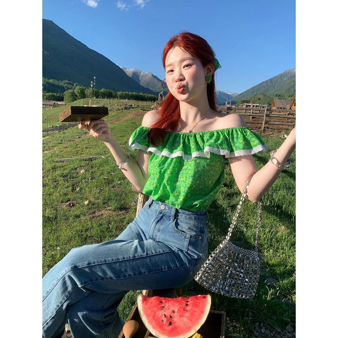 火火火【夏日牧野】韩系别致碎花一字肩上衣C34978HH52