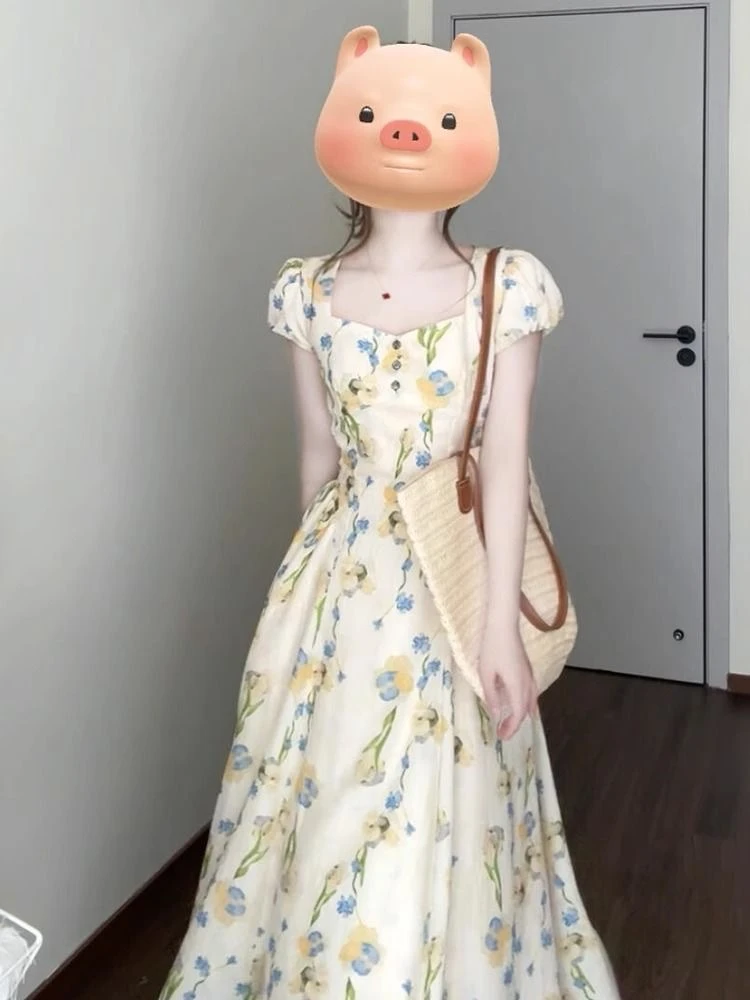 2025夏新款方领泡泡袖收腰系带碎花连衣裙女长款显瘦印花裙A字裙