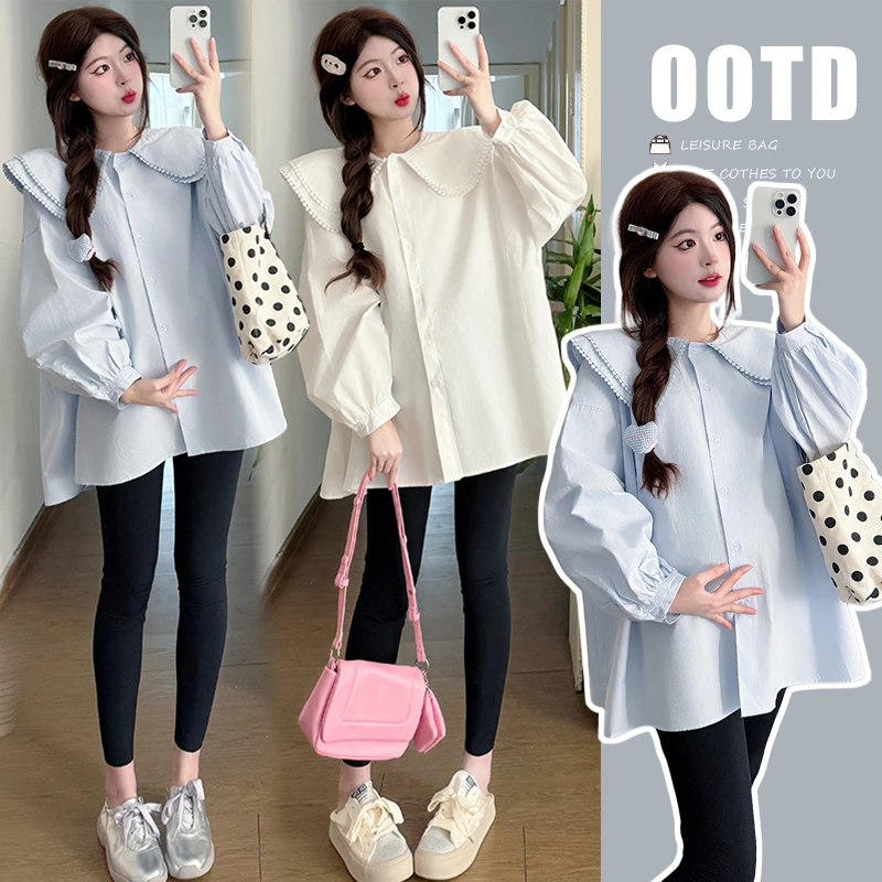 X3931#1.10 2025早秋新款孕妇娃娃领减龄百搭衬衣裙开扣