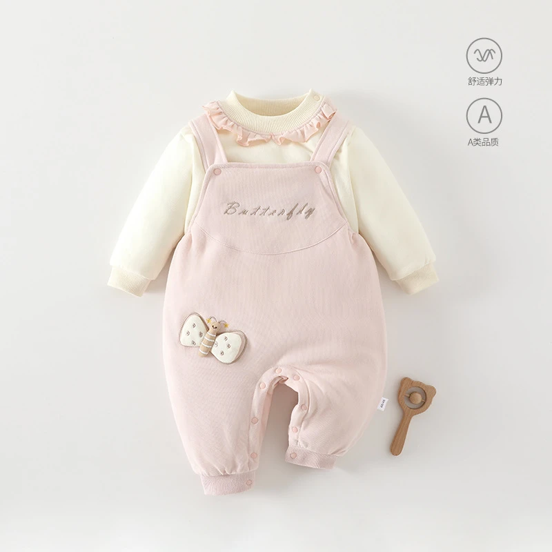 婴儿两件套秋冬款背带保暖外出服夹棉宝宝薄棉衣服秋冬厚宠萌蝴蝶