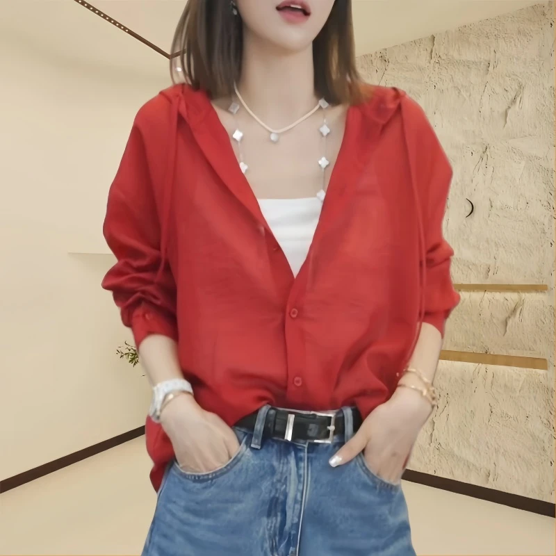 2025夏季新款时尚百搭休闲长袖防晒衫女轻奢感薄款纯色显瘦衬衫女