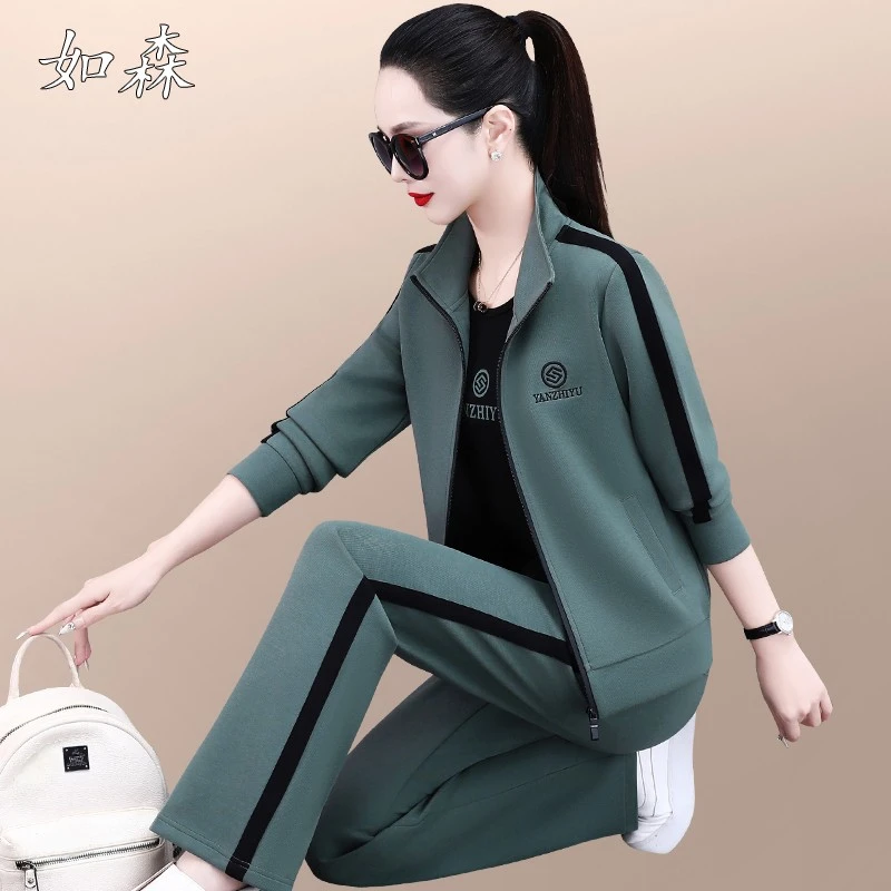 休闲运动套装女春秋2025新款宽松洋气显瘦大码女士户外跑步三件套