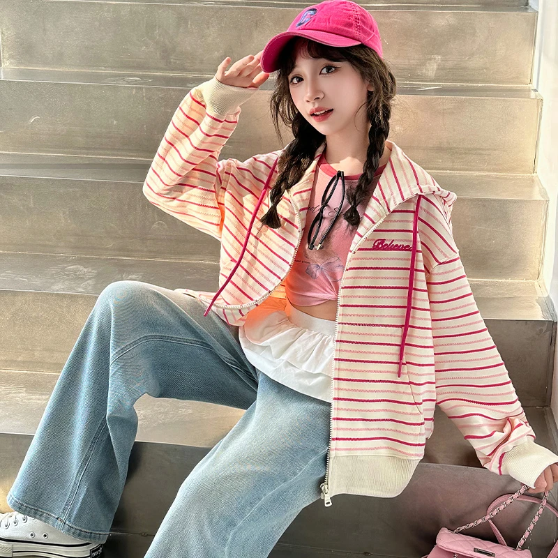 女童春装外套2025新款儿童洋气春季时髦条纹连帽卫衣女孩春秋上衣