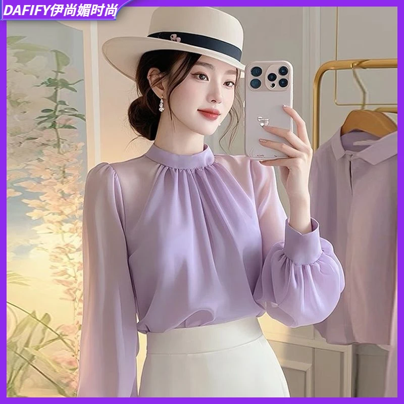II法式独特漂亮紫色上衣高级感气质小衫女长袖春秋雪纺衬衫l
