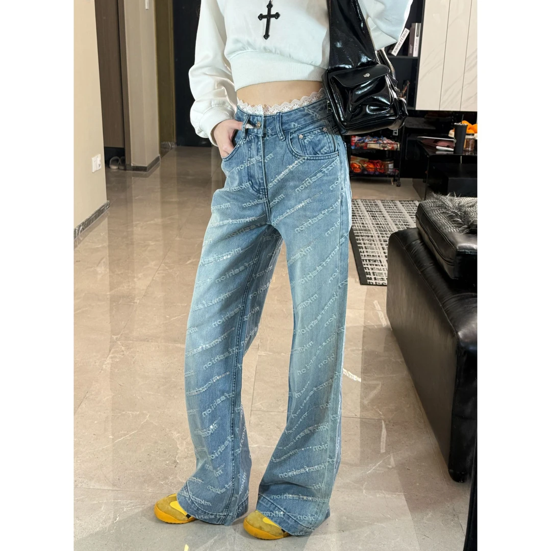 【7柒同款】2025早春新款个性时尚辣妹洋气字母阔腿裤牛仔裤