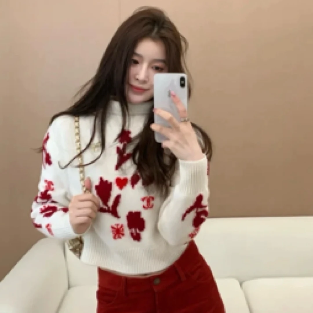 99新 Chanel/香奈儿 A100950/滑雪系列高领花朵毛衣/38码