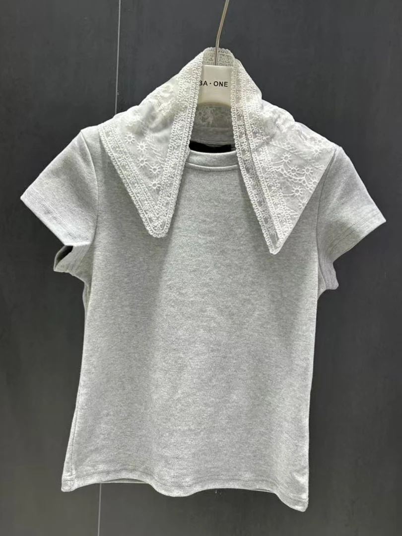 【 雨•美 推荐 】6200灰色时尚气质蕾丝方巾T恤