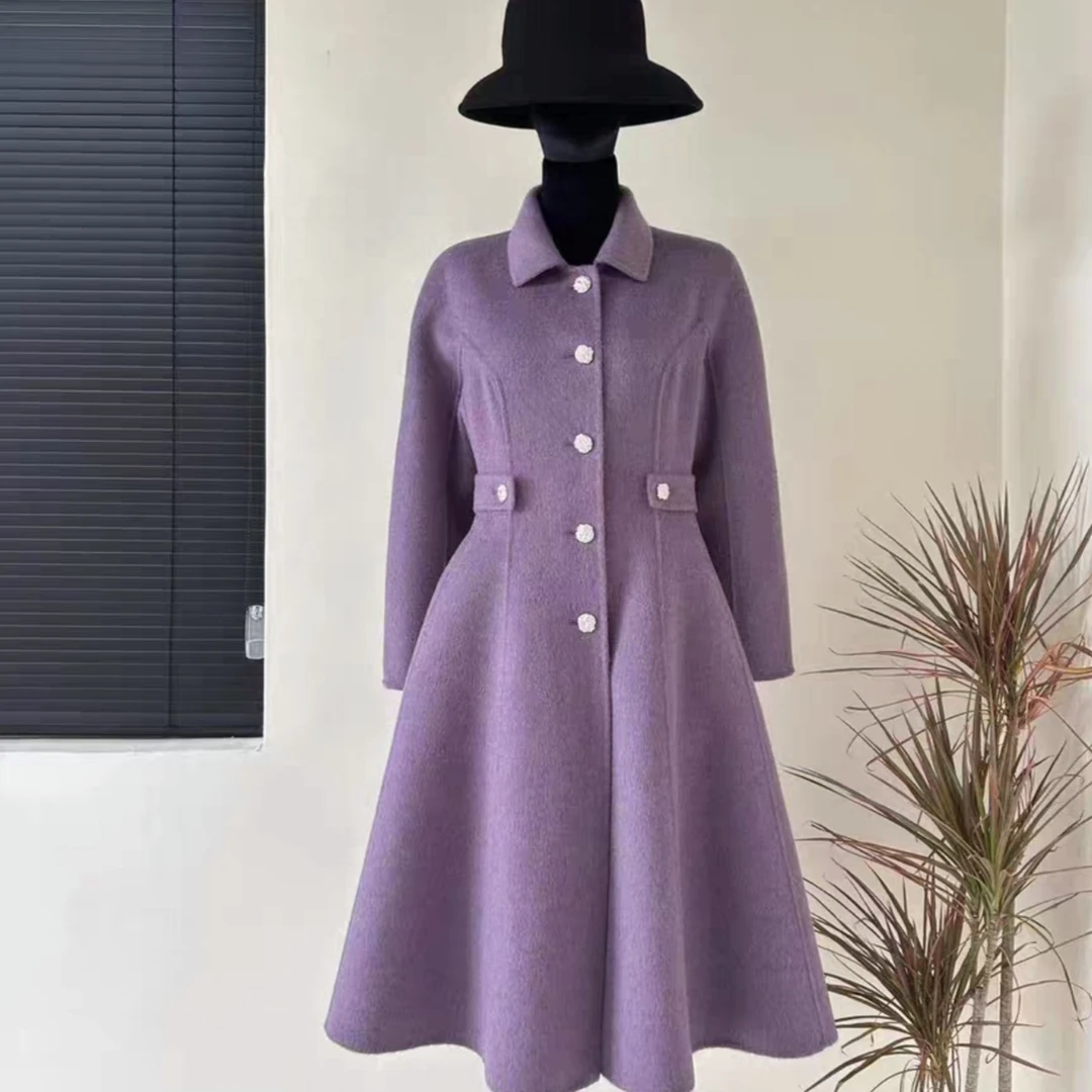 单排扣长款双面秋冬女毛呢大衣气质长袖设计