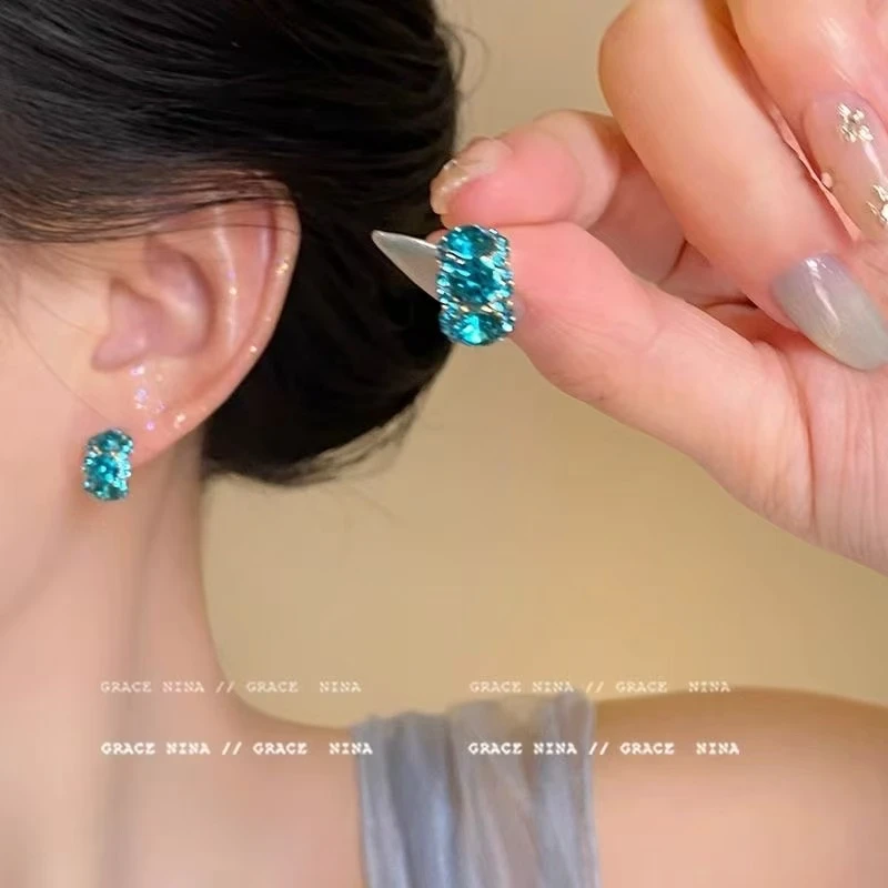 铜合金亚克力耳饰 小众设计感精致气质女款耳钉蓝色轻奢闪钻-10