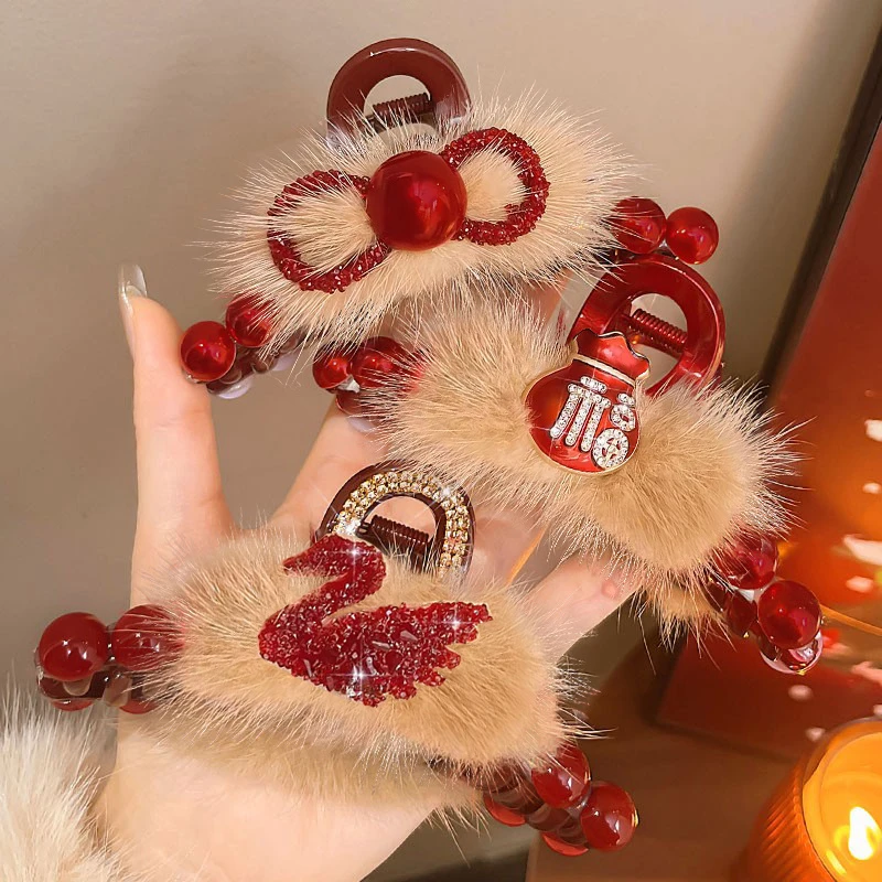 新年圣诞抓夹超仙毛绒发夹女红色蝴蝶结发卡气质鲨鱼夹子秋冬头饰