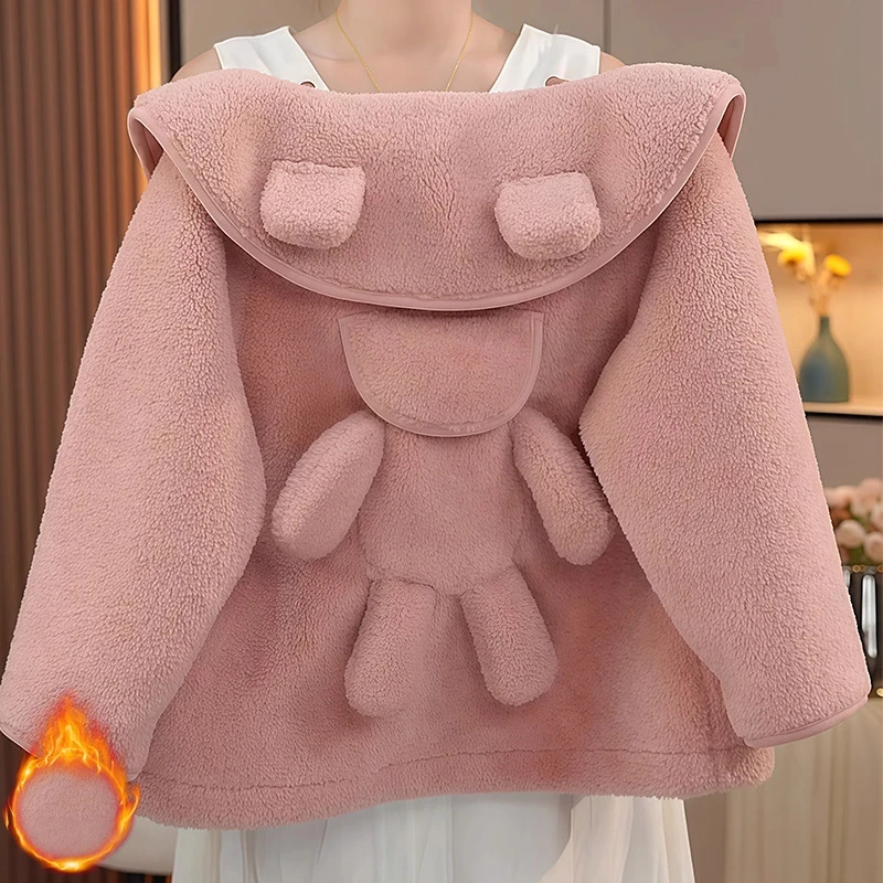 女童翻领毛毛衣2024秋冬款中大童皮毛一体加厚外套羊羔毛拼接冬装