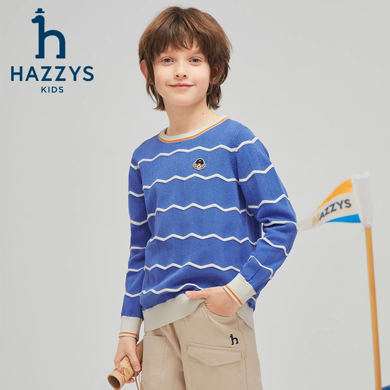 Hazzys/哈吉斯品牌童装男童针织线衣套头圆领长袖撞色秋季条纹
