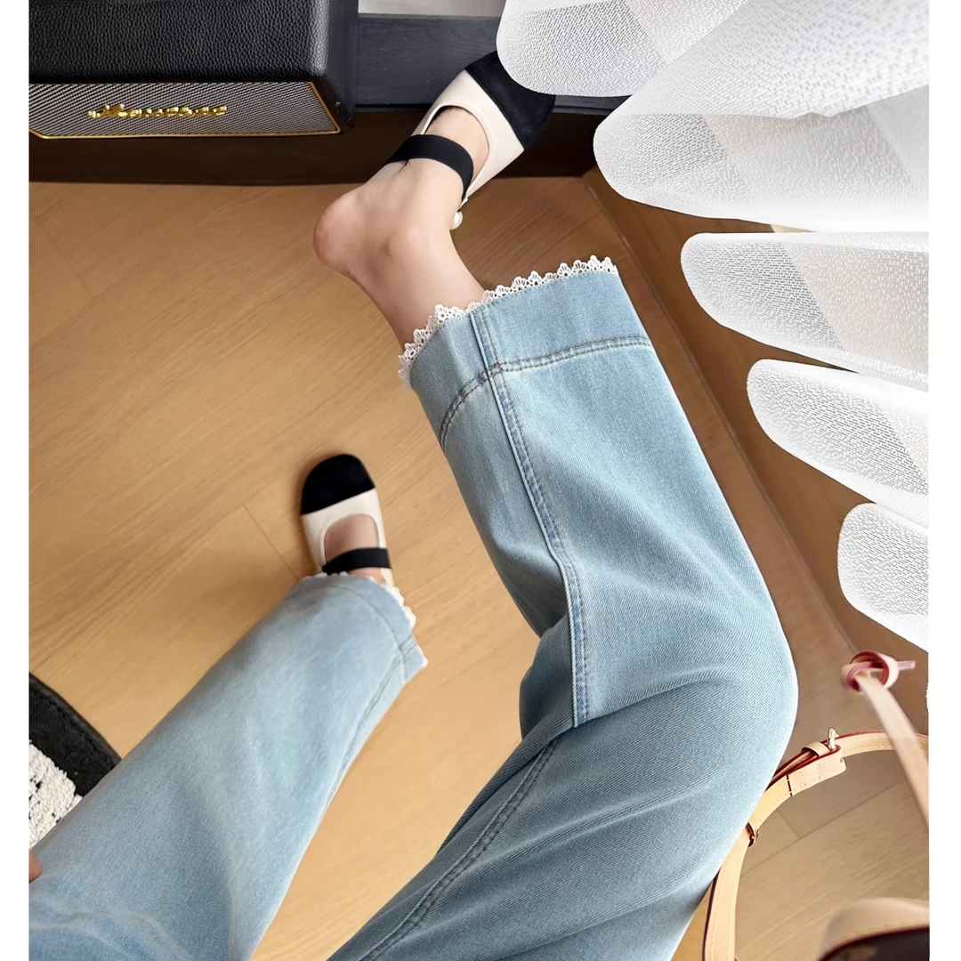 蕾丝花边弹力薄款牛仔裤女2025夏季新款胖mm高腰小个子九分直筒裤