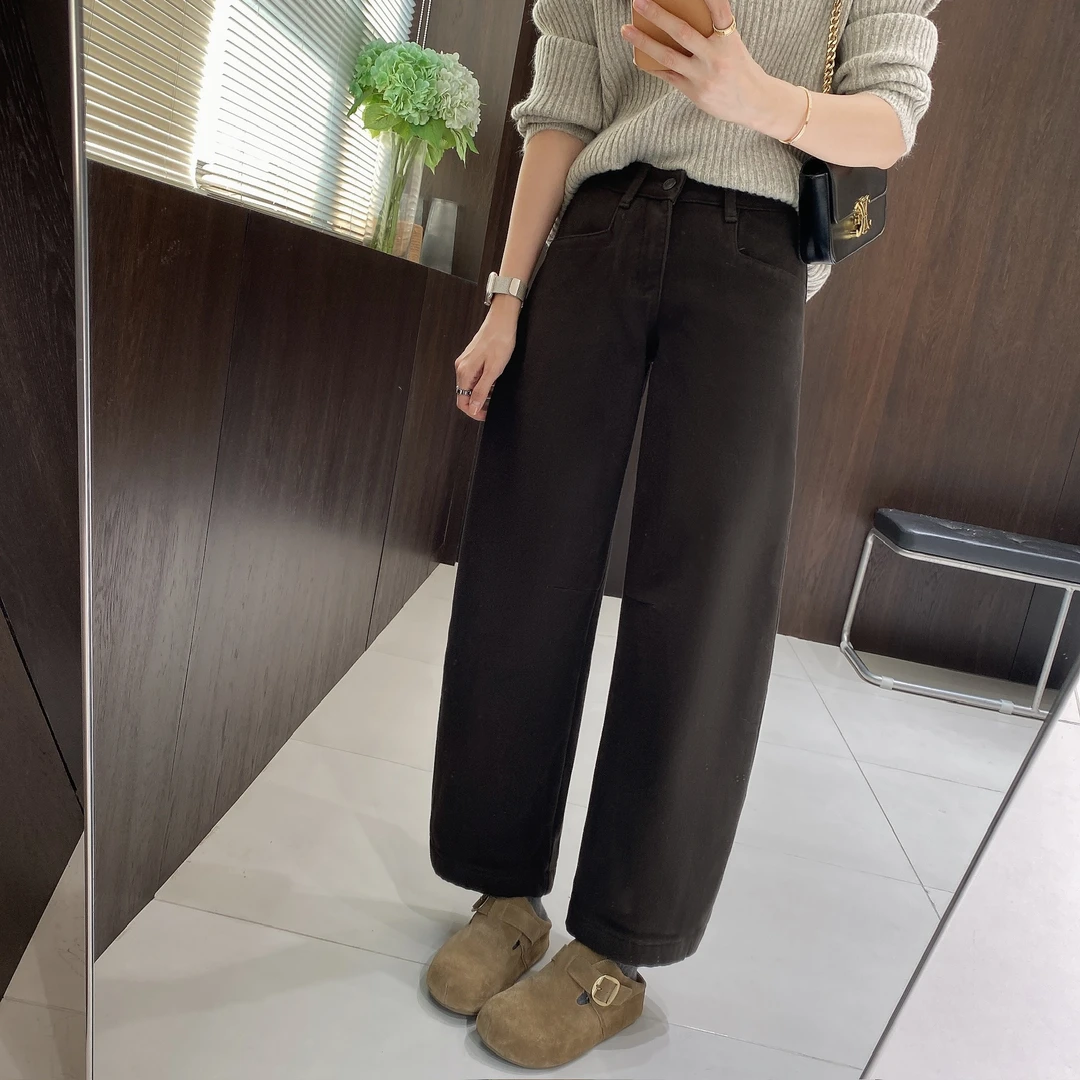 IMFLY金小金自制女装 加绒牛仔裤DYK2906秋冬宽松弯刀九分牛仔裤