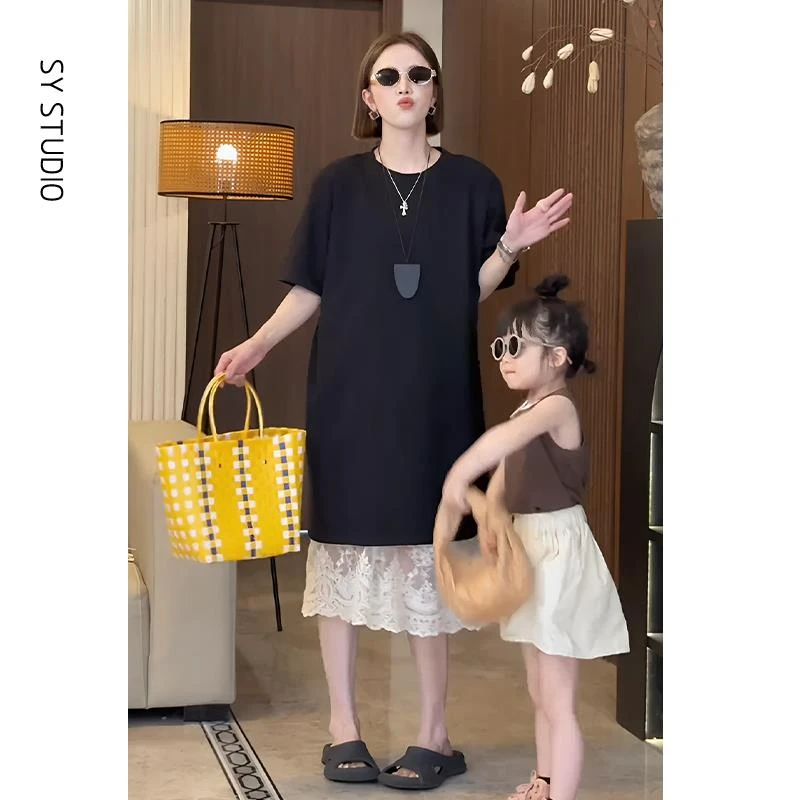 VOCKOO官方套装2025新款女装夏季宽松慵懒风中长款T恤气质蕾丝半