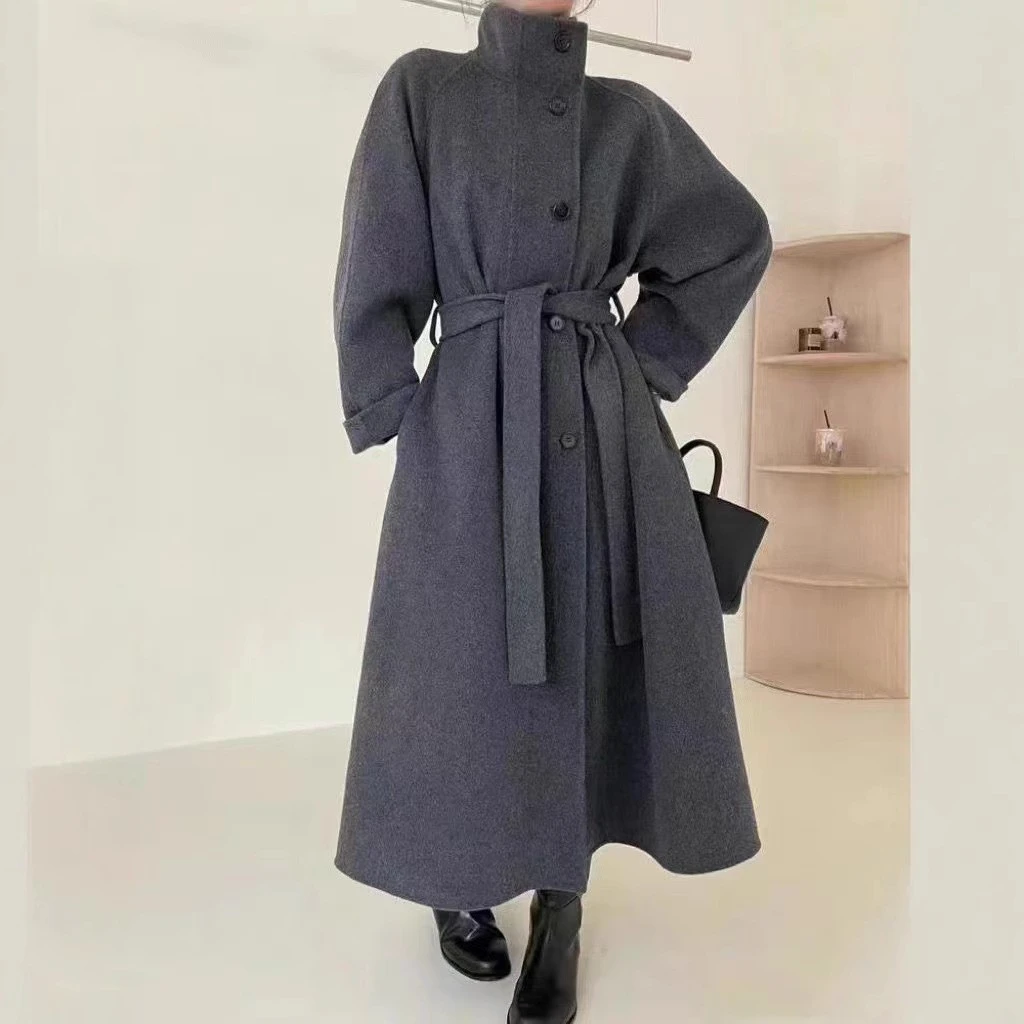 2025新款立领双面羊毛呢大衣宽松系带长款时尚毛呢外套女